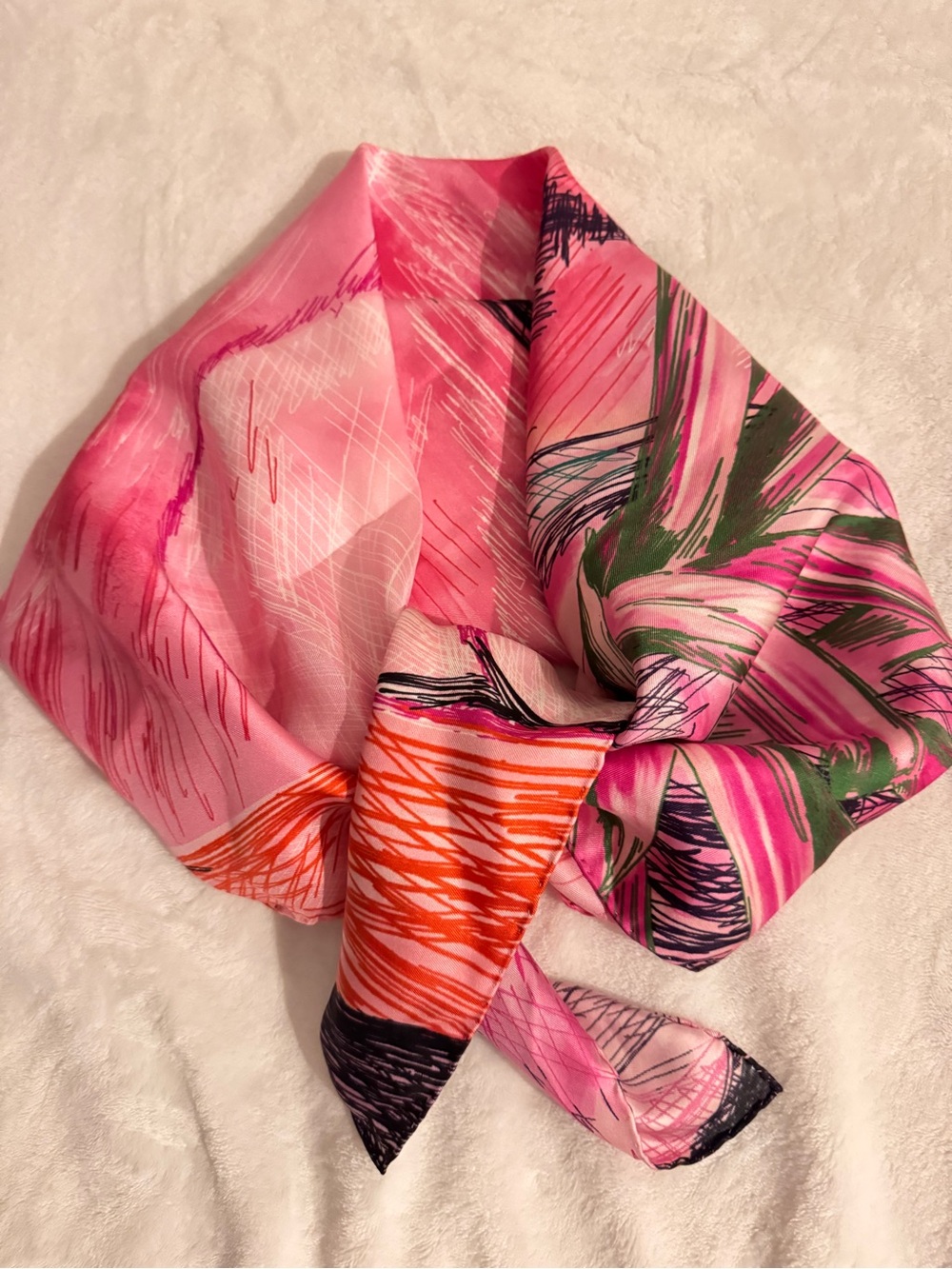 New Authentic Lanvin Pink Tropical Print Silk Scarf with Green & Orange Accents